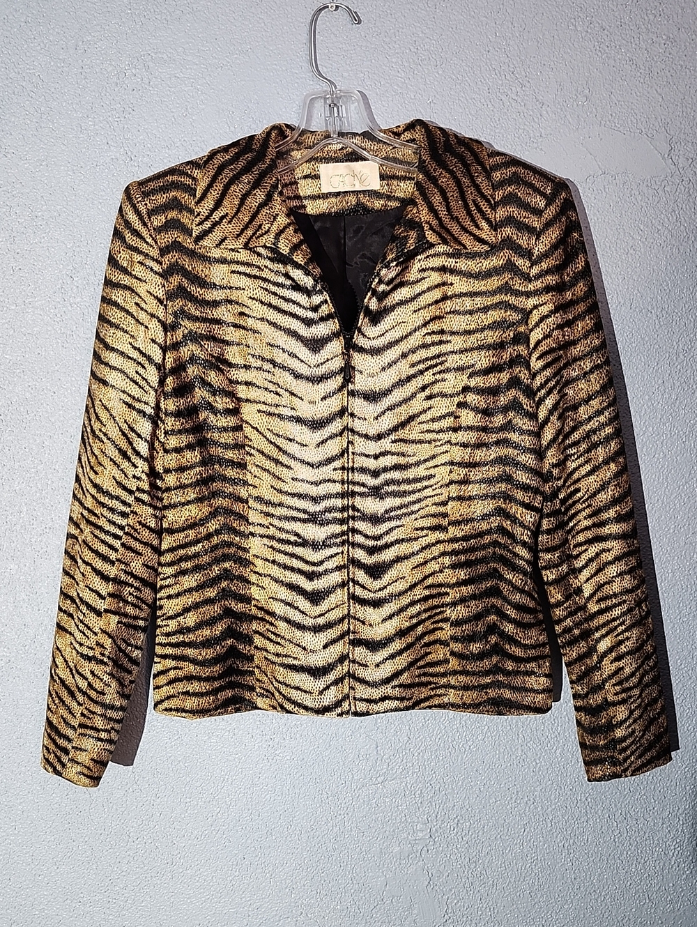 Cache Metallic Tiger-Print Zip Jacket in Gold and Black